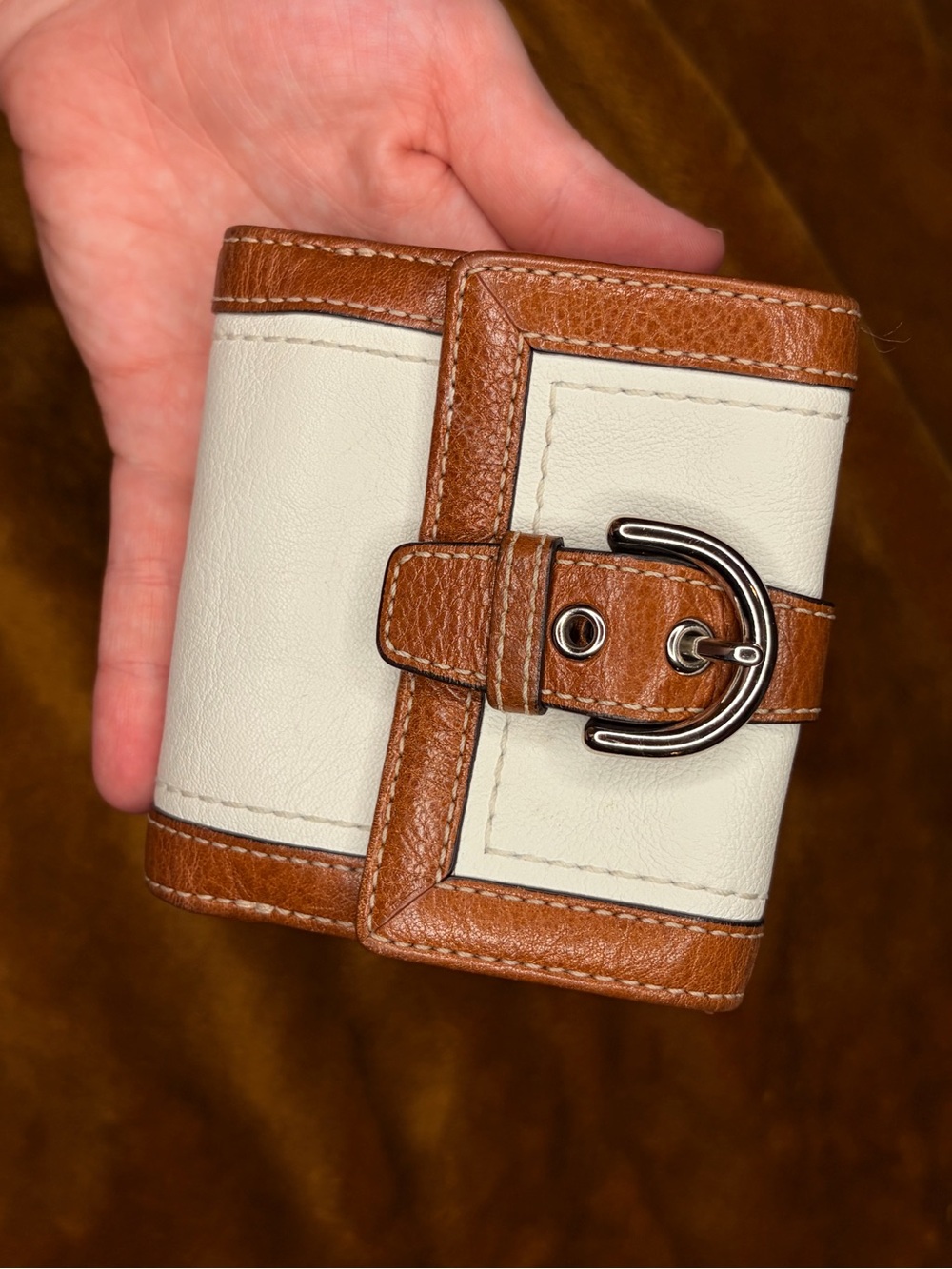 Coach Two-Tone White and Brown Leather Trifold Wallet with Buckle